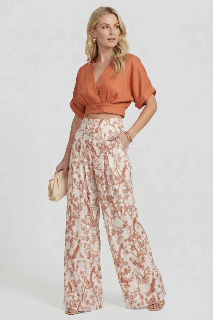 Caelina | Women’s Two-Piece Set V-Neck Top Short Sleeve Wide-Leg Printed Trousers