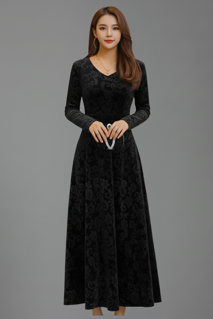 Caestra | Women's Fit & Flare Midi Dress – Long Sleeve Round Neck Textured Dress
