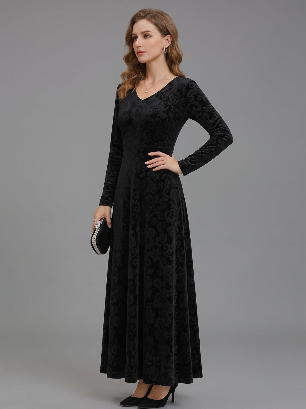 Caestra | Women's Fit & Flare Midi Dress – Long Sleeve Round Neck Textured Dress