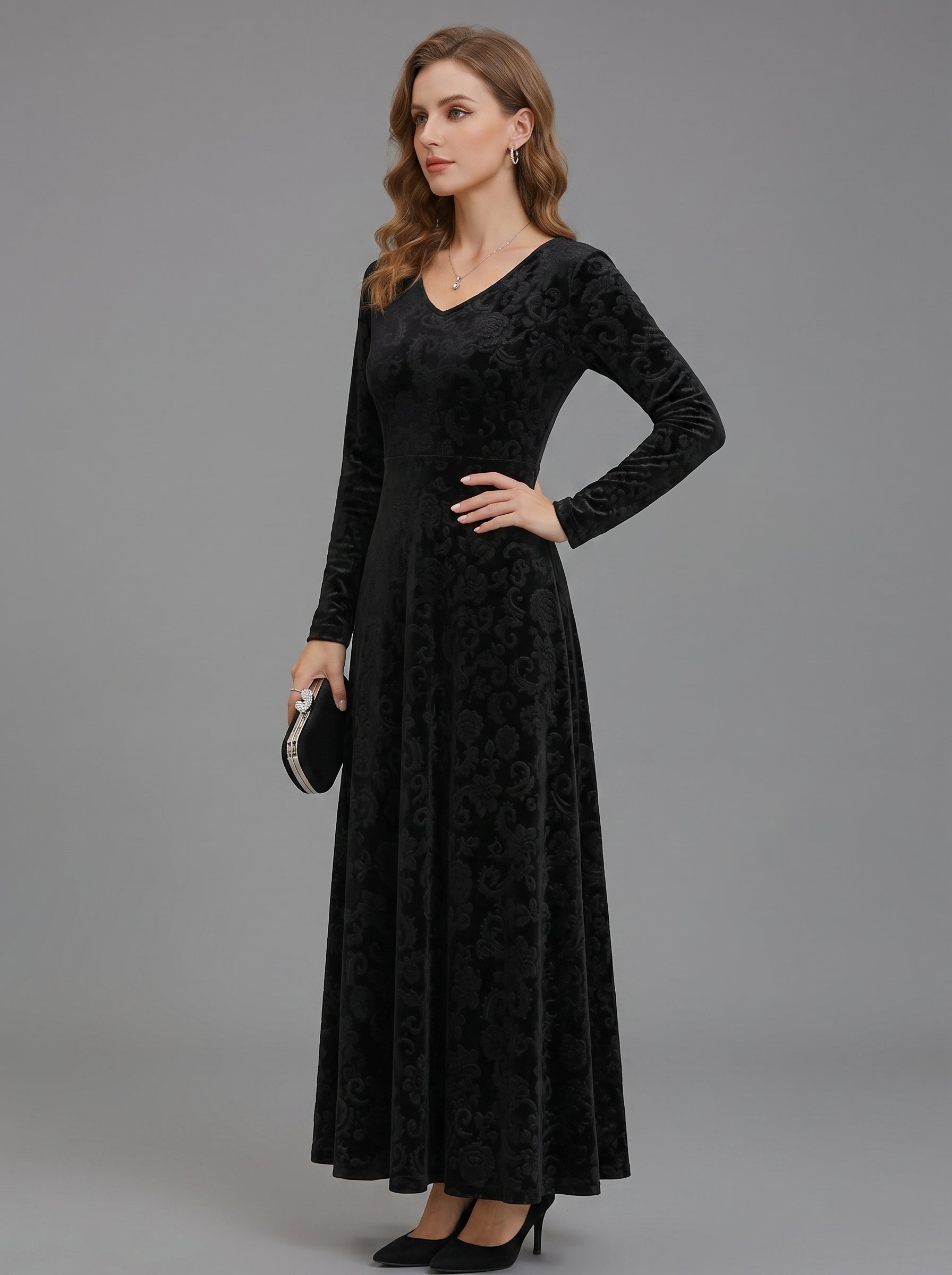 Caestra | Women's Fit & Flare Midi Dress – Long Sleeve Round Neck Textured Dress