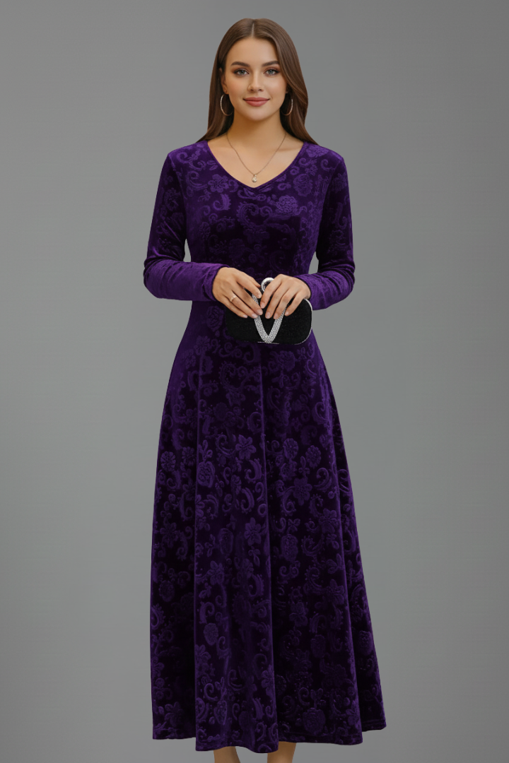 Caestra | Women's Fit & Flare Midi Dress – Long Sleeve Round Neck Textured Dress