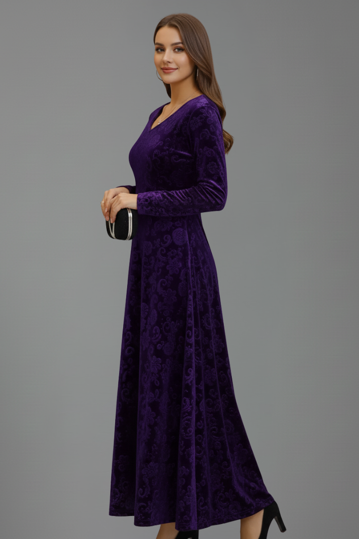 Caestra | Women's Fit & Flare Midi Dress – Long Sleeve Round Neck Textured Dress