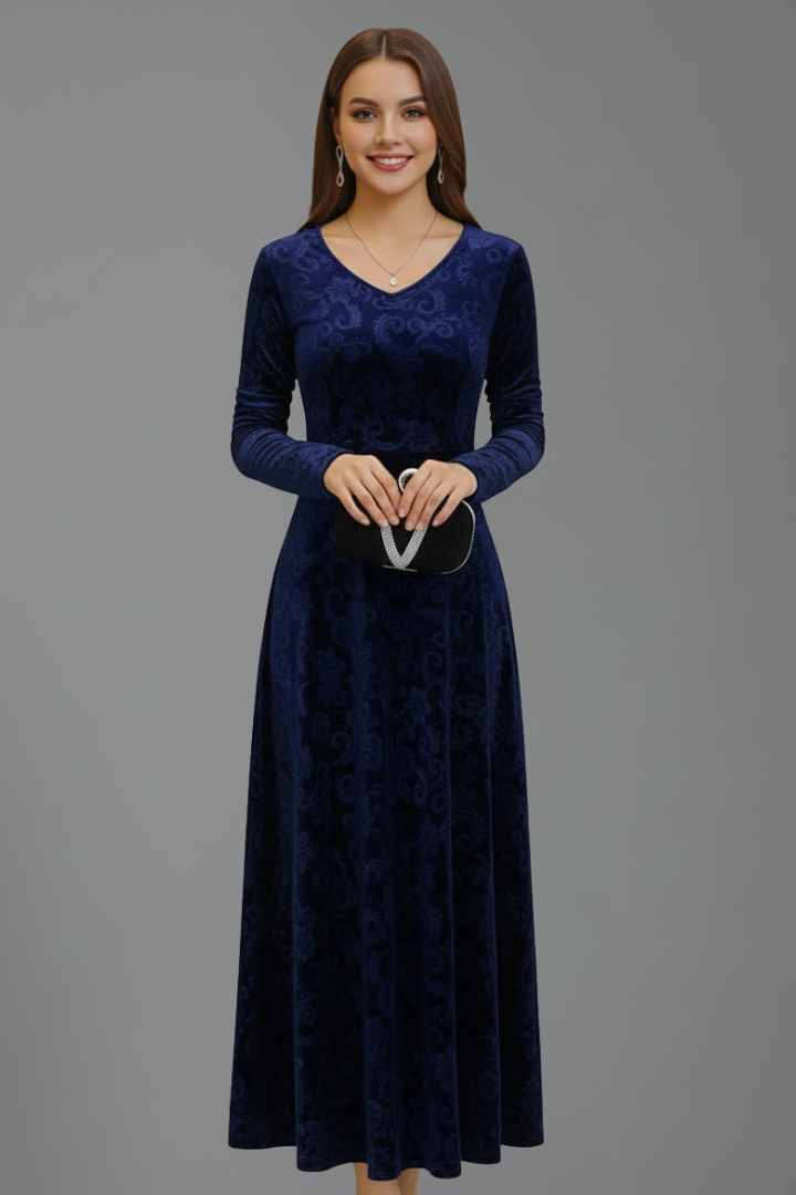 Caestra | Women's Fit & Flare Midi Dress – Long Sleeve Round Neck Textured Dress