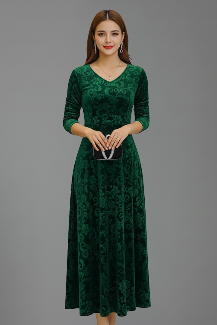 Caestra | Women's Fit & Flare Midi Dress – Long Sleeve Round Neck Textured Dress