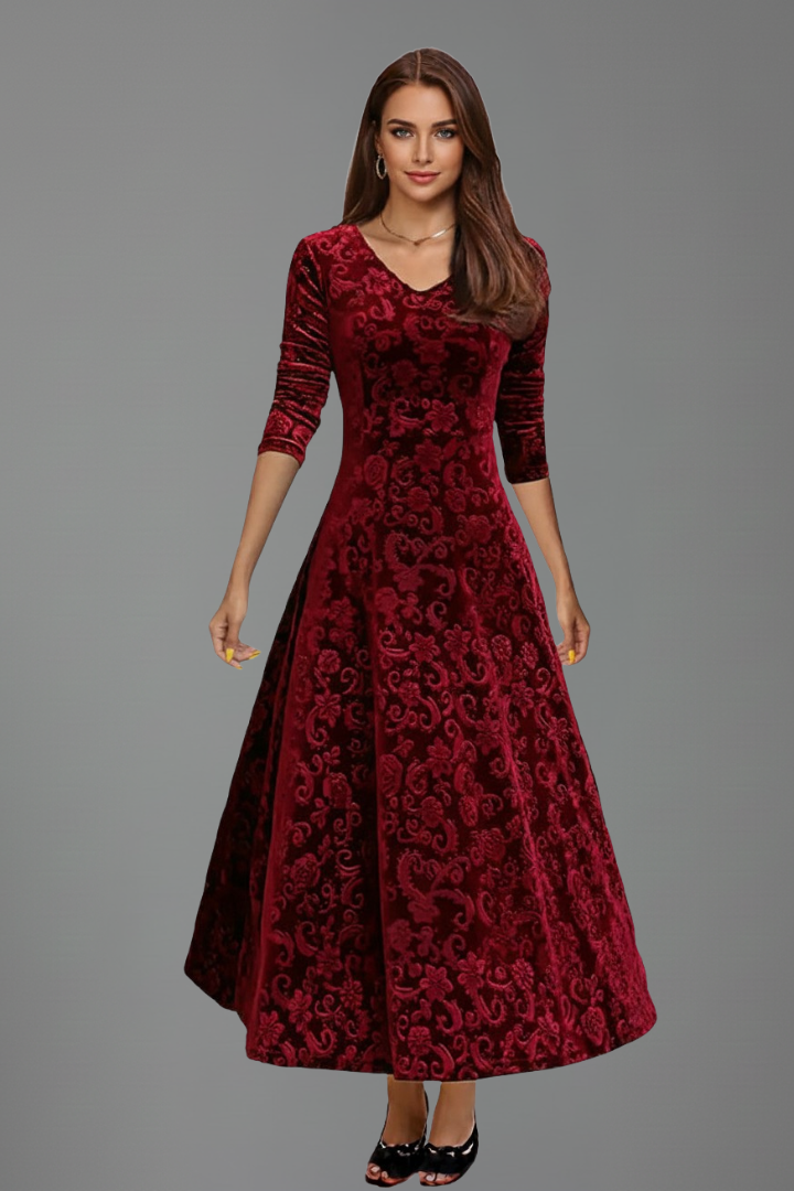 Caestra | Women's Fit & Flare Midi Dress – Long Sleeve Round Neck Textured Dress