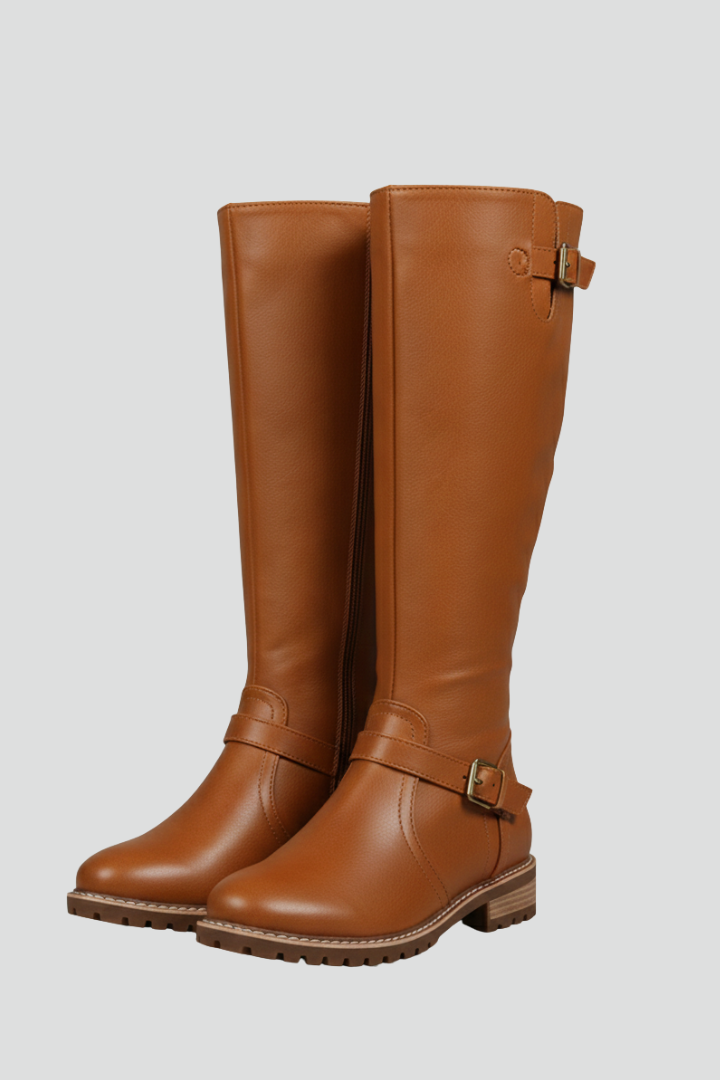 Cailora | Women’s Knee-High Boots – Plain Upper & Buckle Detail, Casual Flat Boots