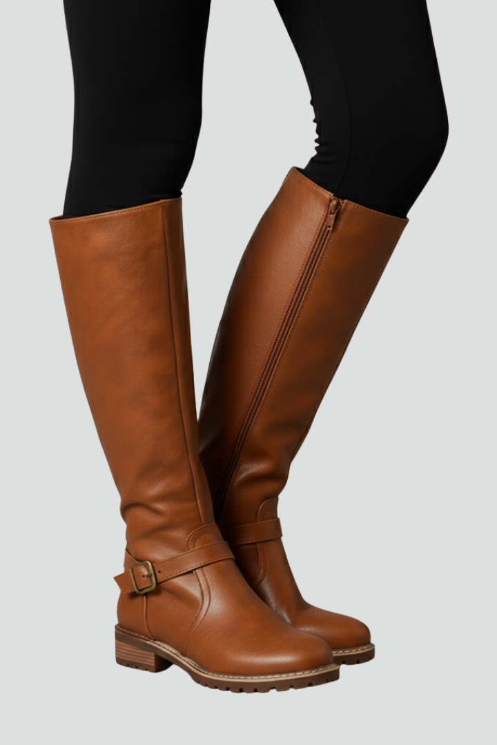 Cailora | Women’s Knee-High Boots – Plain Upper & Buckle Detail, Casual Flat Boots