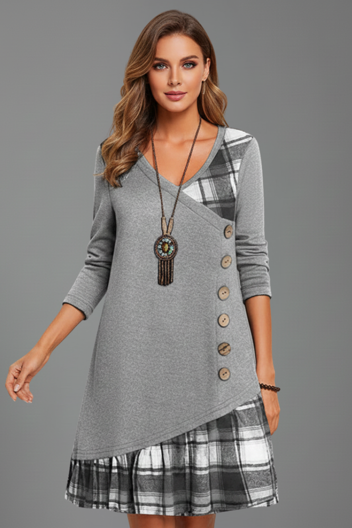 Calessa | Women's Casual Elegant Dress – V-Neck Long Sleeve Plaid A-Line Midi Dress