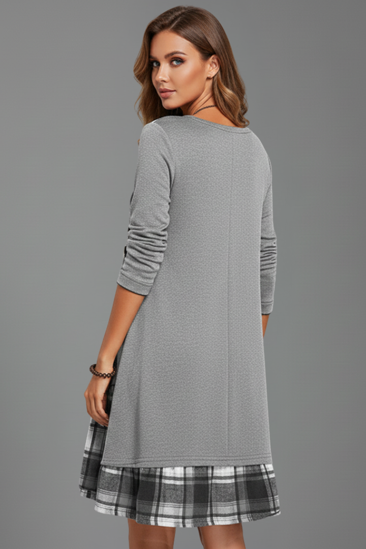 Calessa | Women's Casual Elegant Dress – V-Neck Long Sleeve Plaid A-Line Midi Dress