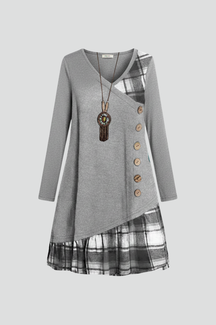 Calessa | Women's Casual Elegant Dress – V-Neck Long Sleeve Plaid A-Line Midi Dress