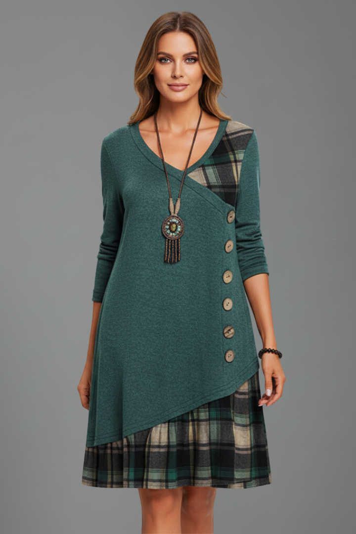 Calessa | Women's Casual Elegant Dress – V-Neck Long Sleeve Plaid A-Line Midi Dress