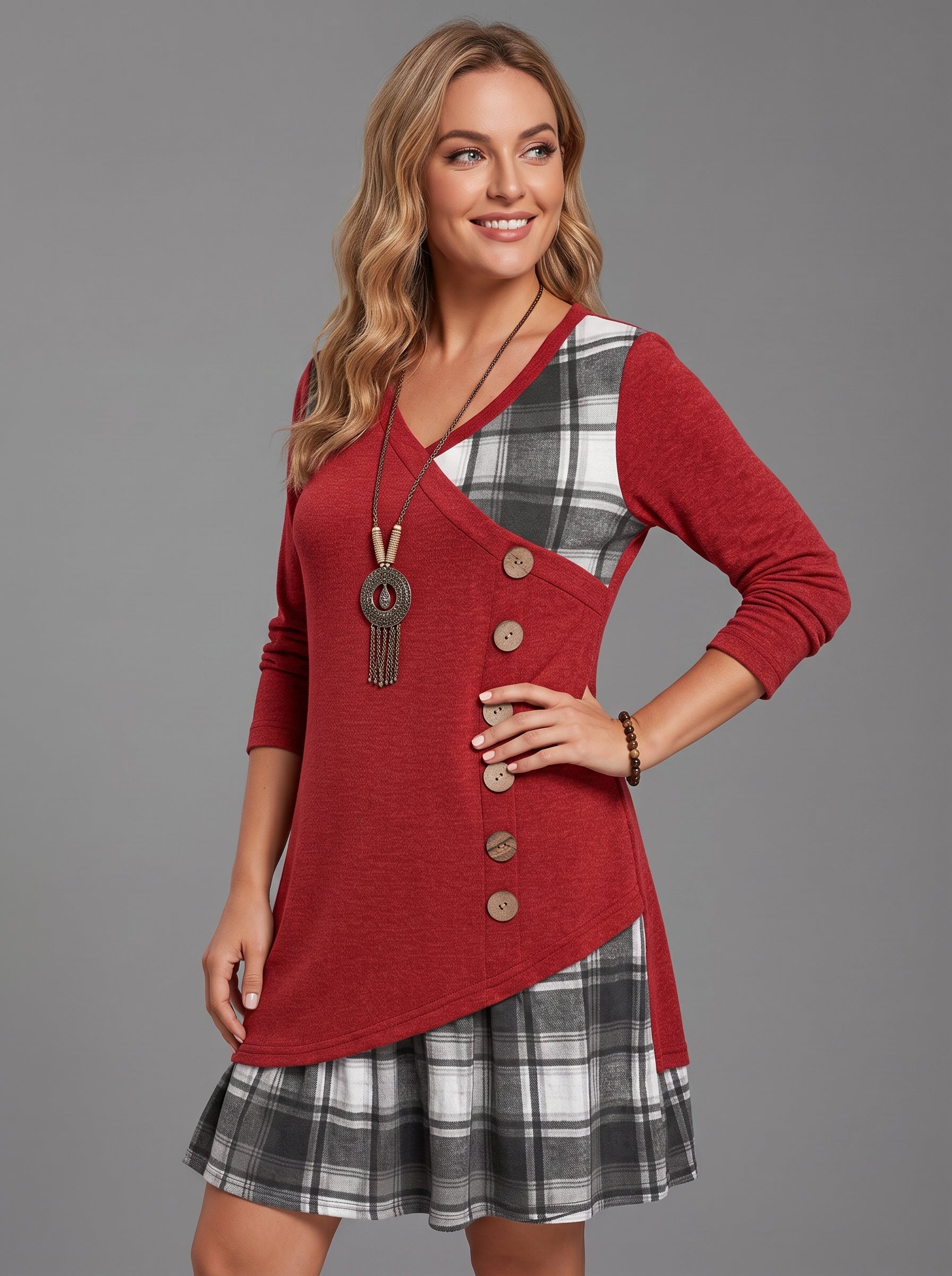 Calessa | Women's Casual Elegant Dress – V-Neck Long Sleeve Plaid A-Line Midi Dress