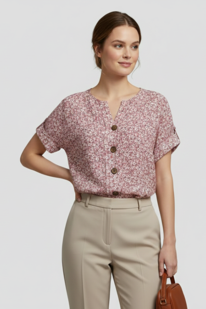 Calista | Women’s Floral Print Blouse – Short Sleeve Button Front Top, Casual Summer Shirt