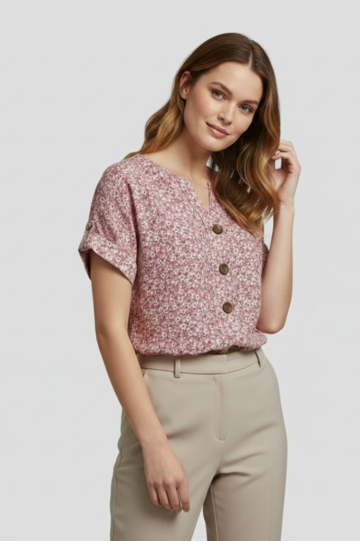 Calista | Women’s Floral Print Blouse – Short Sleeve Button Front Top, Casual Summer Shirt