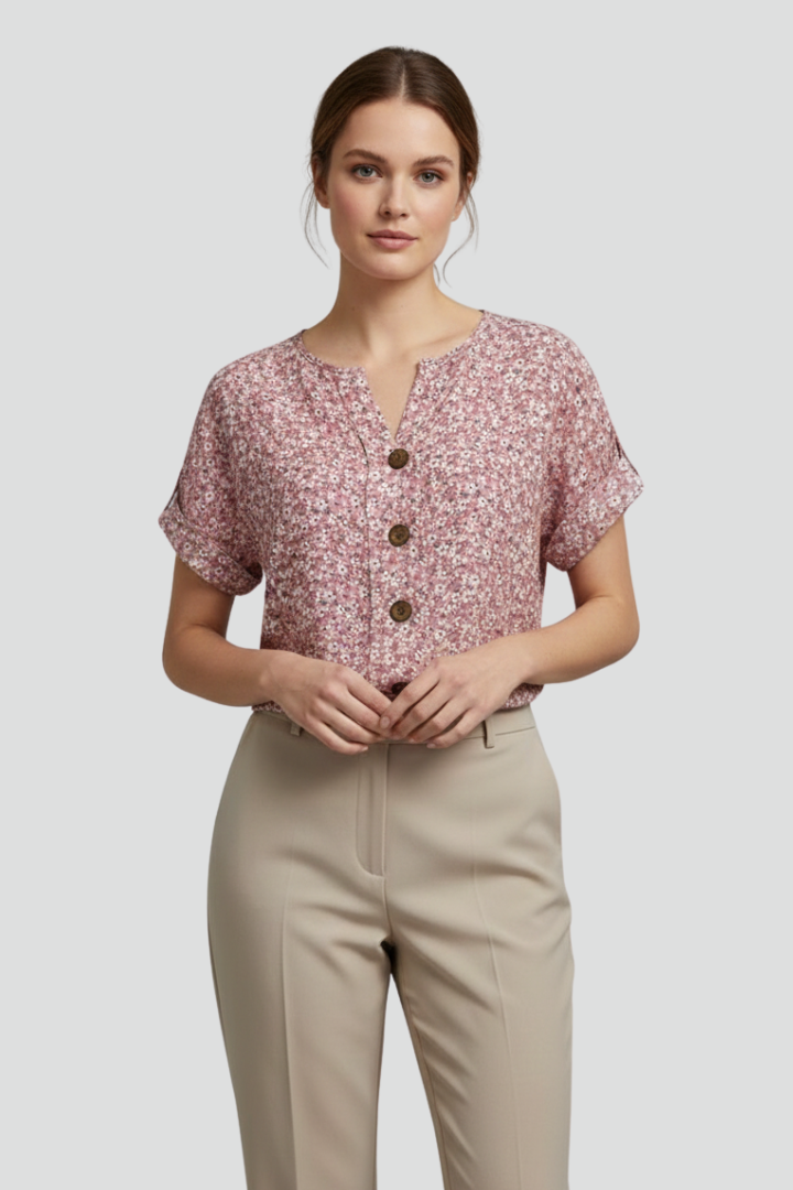 Calista | Women’s Floral Print Blouse – Short Sleeve Button Front Top, Casual Summer Shirt