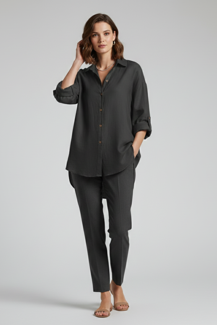 Calitha | Women's Relaxed Fit Long Blouse – Button-Up Long Sleeve Casual Tunic Shirt
