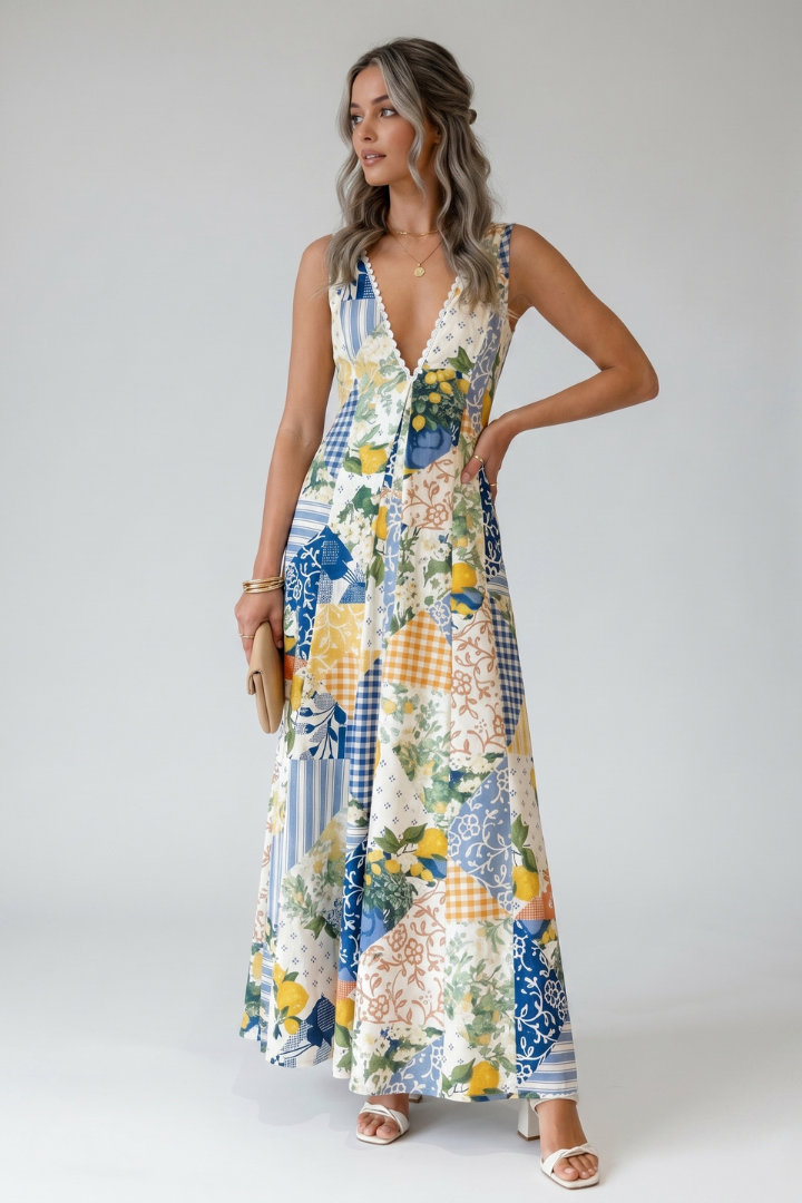 Calyssa | Women’s Printed Maxi Dress – Sleeveless Deep V-Neck Boho Summer Long Dress