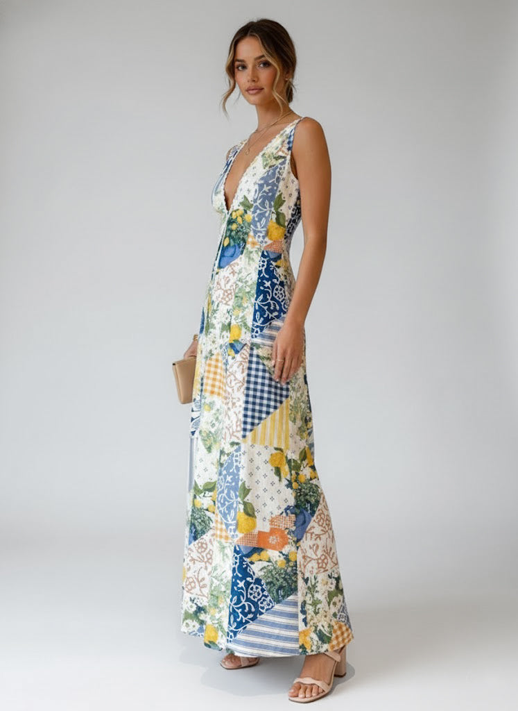 Calyssa | Women’s Printed Maxi Dress – Sleeveless Deep V-Neck Boho Summer Long Dress