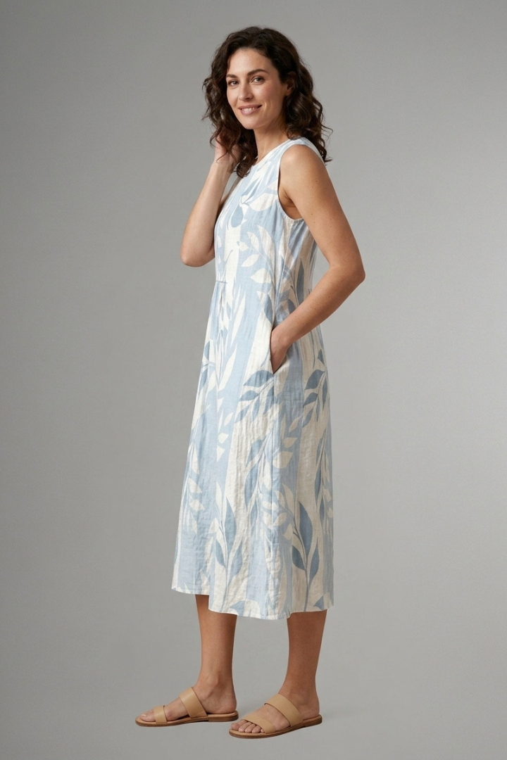 Camellia | Women's Sleeveless Midi Dress – Round Neck Leaf Pattern Relaxed Fit