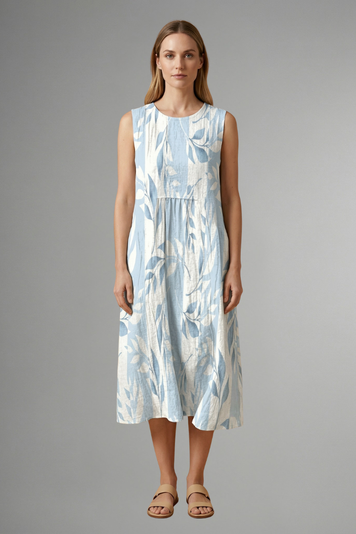 Camellia | Women's Sleeveless Midi Dress – Round Neck Leaf Pattern Relaxed Fit
