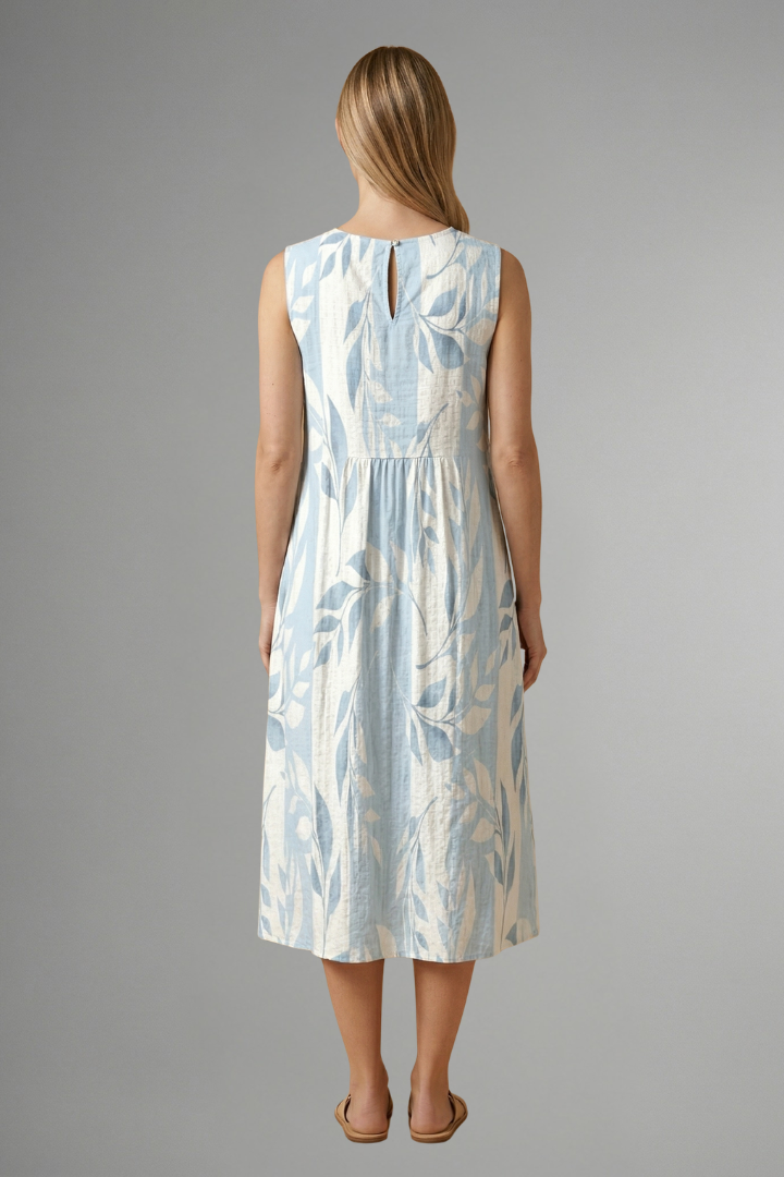 Camellia | Women's Sleeveless Midi Dress – Round Neck Leaf Pattern Relaxed Fit