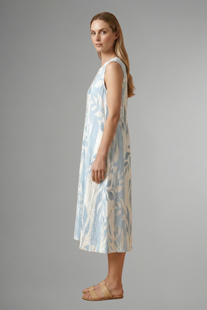 Camellia | Women's Sleeveless Midi Dress – Round Neck Leaf Pattern Relaxed Fit