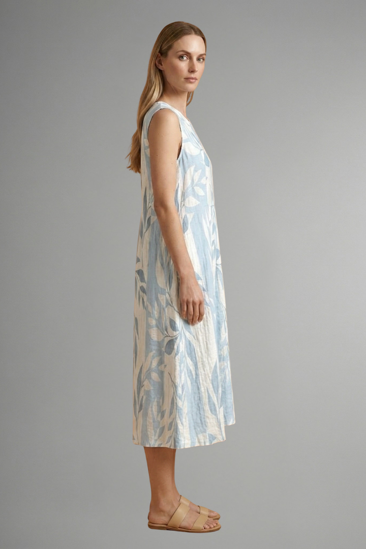 Camellia | Women's Sleeveless Midi Dress – Round Neck Leaf Pattern Relaxed Fit