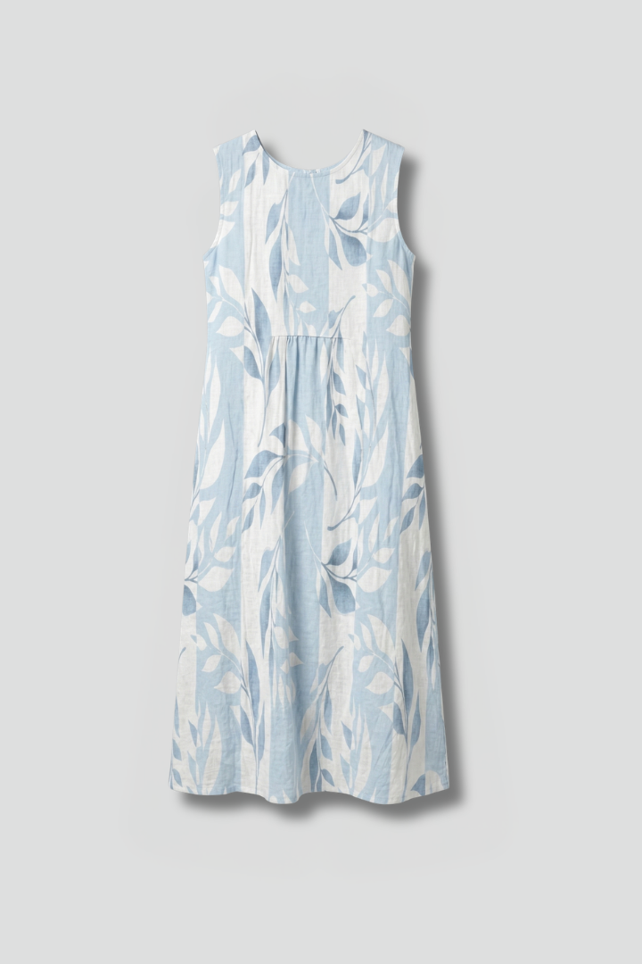 Camellia | Women's Sleeveless Midi Dress – Round Neck Leaf Pattern Relaxed Fit