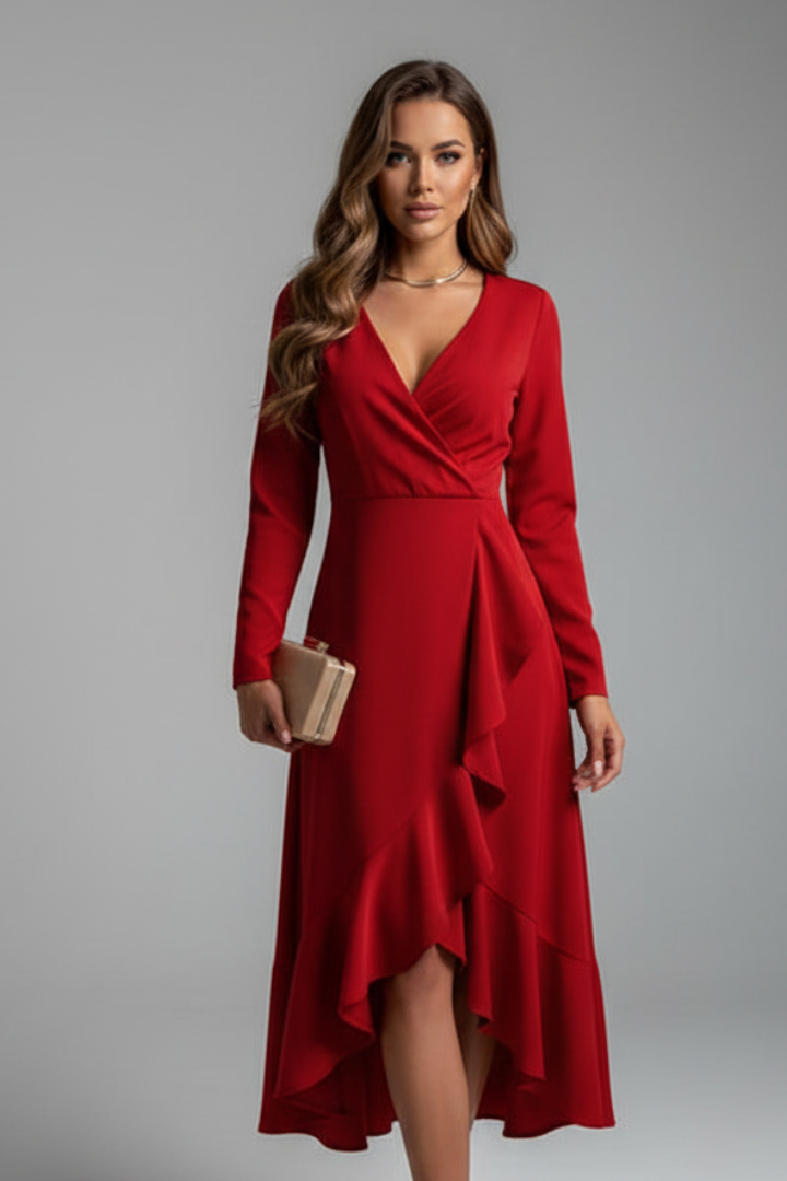 Carina | Wrap Midi Dress for Women – Sophisticated Long Sleeve V-Neck Dress