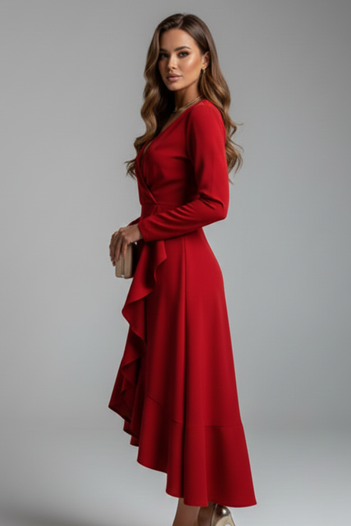 Carina | Wrap Midi Dress for Women – Sophisticated Long Sleeve V-Neck Dress