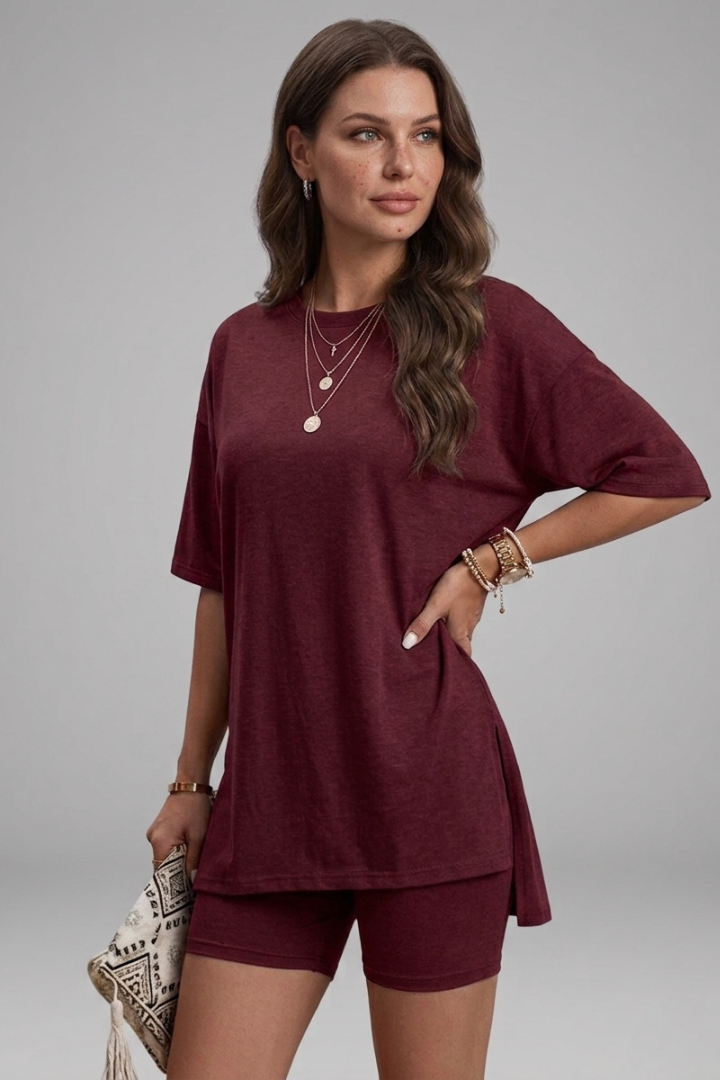 Caris | Women's Casual Co-Ord Set – Oversized Round Neck Tee with Biker Shorts