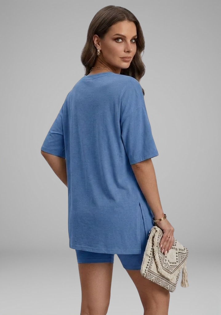 Caris | Women's Casual Co-Ord Set – Oversized Round Neck Tee with Biker Shorts
