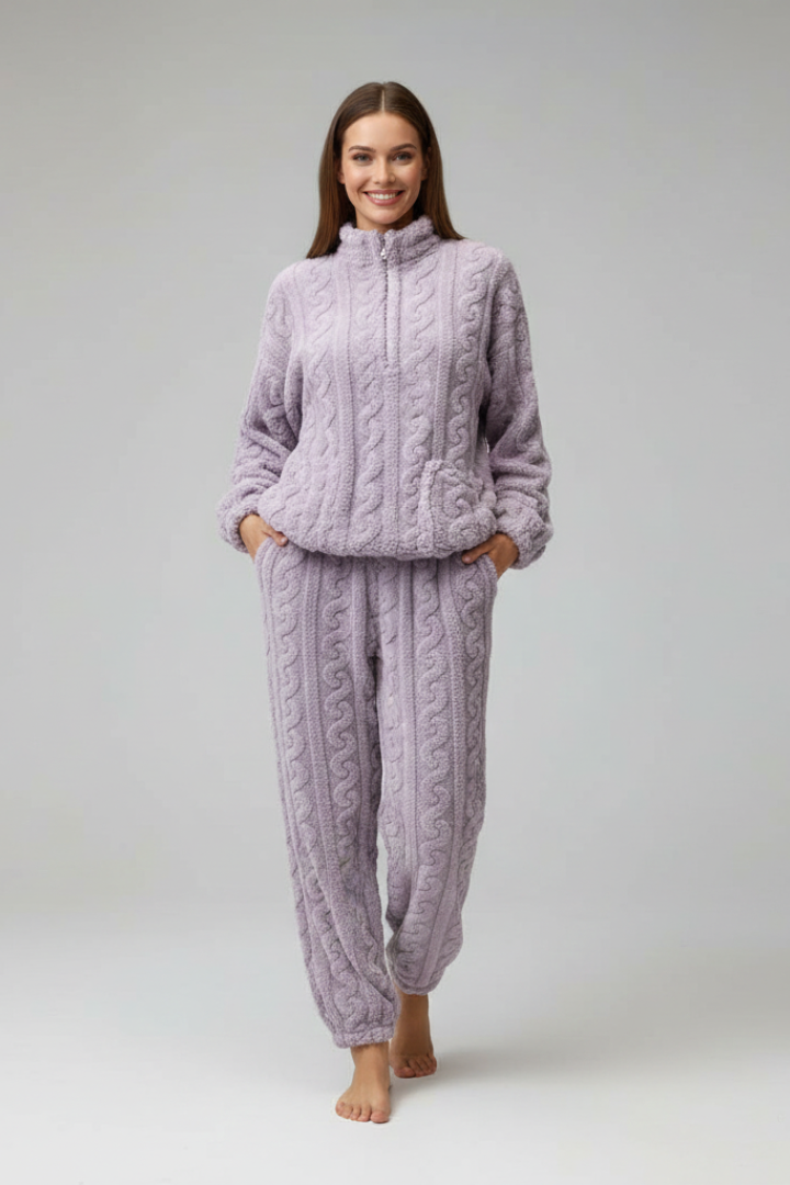 Carlin | Women's Cable Knit Pajama Set - Zip-Up Top & Long Pants