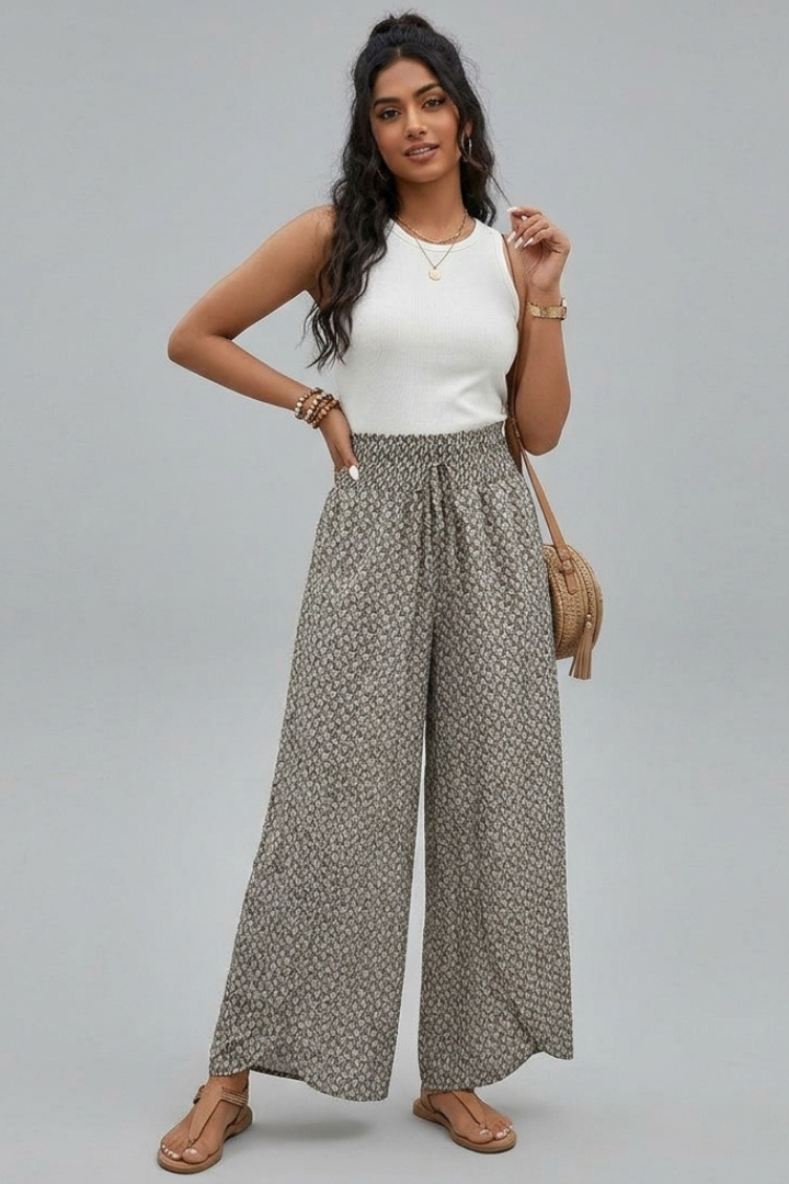 Cassia | Women’s Wide Leg Pants – Elastic Waist Printed Trousers, Full Length Flowing Fit