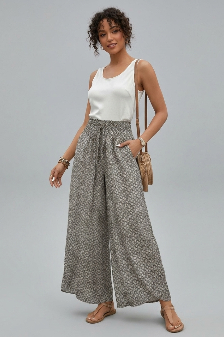 Cassia | Women’s Wide Leg Pants – Elastic Waist Printed Trousers, Full Length Flowing Fit