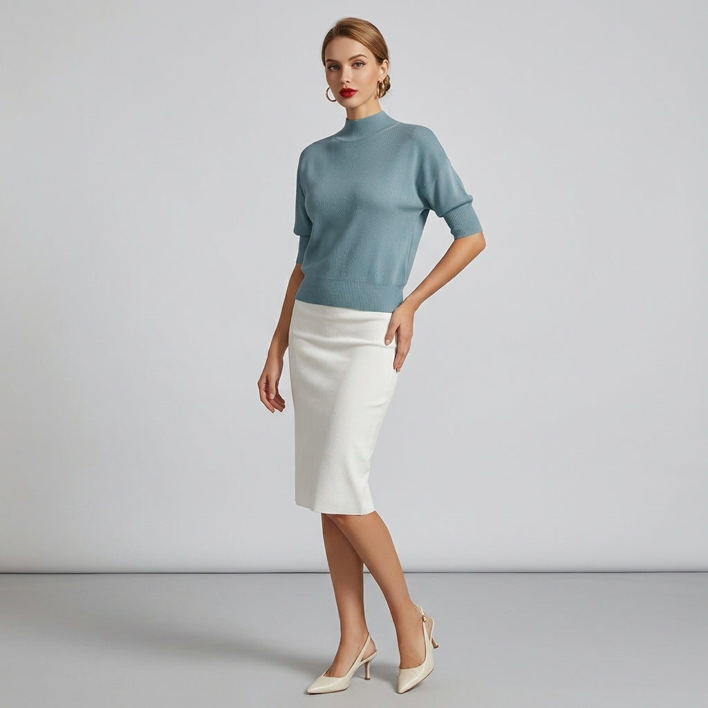 Catriona | Women's Stand-Collar Top – Solid Color Textured Pullover T-Shirt, Fitted Cuff Short Sleeves