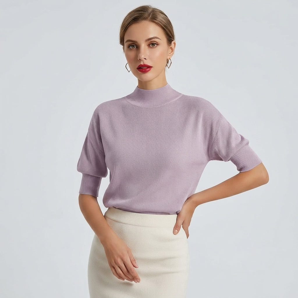 Catriona | Women's Stand-Collar Top – Solid Color Textured Pullover T-Shirt, Fitted Cuff Short Sleeves