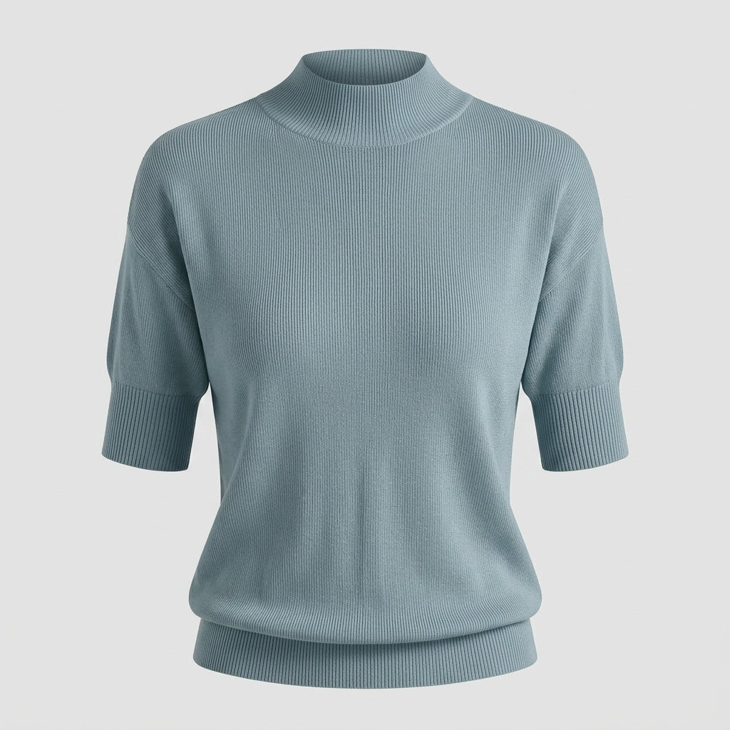 Catriona | Women's Stand-Collar Top – Solid Color Textured Pullover T-Shirt, Fitted Cuff Short Sleeves