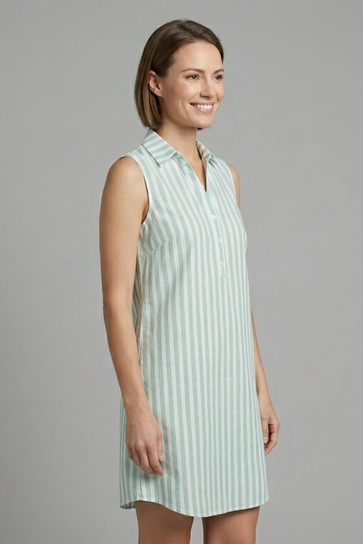 Cecily | Women's Casual Shirt Dress – Sleeveless Button Front Striped Midi Dress