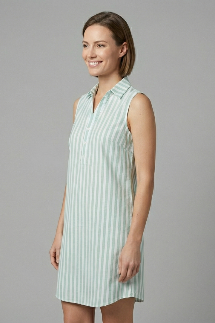 Cecily | Women's Casual Shirt Dress – Sleeveless Button Front Striped Midi Dress
