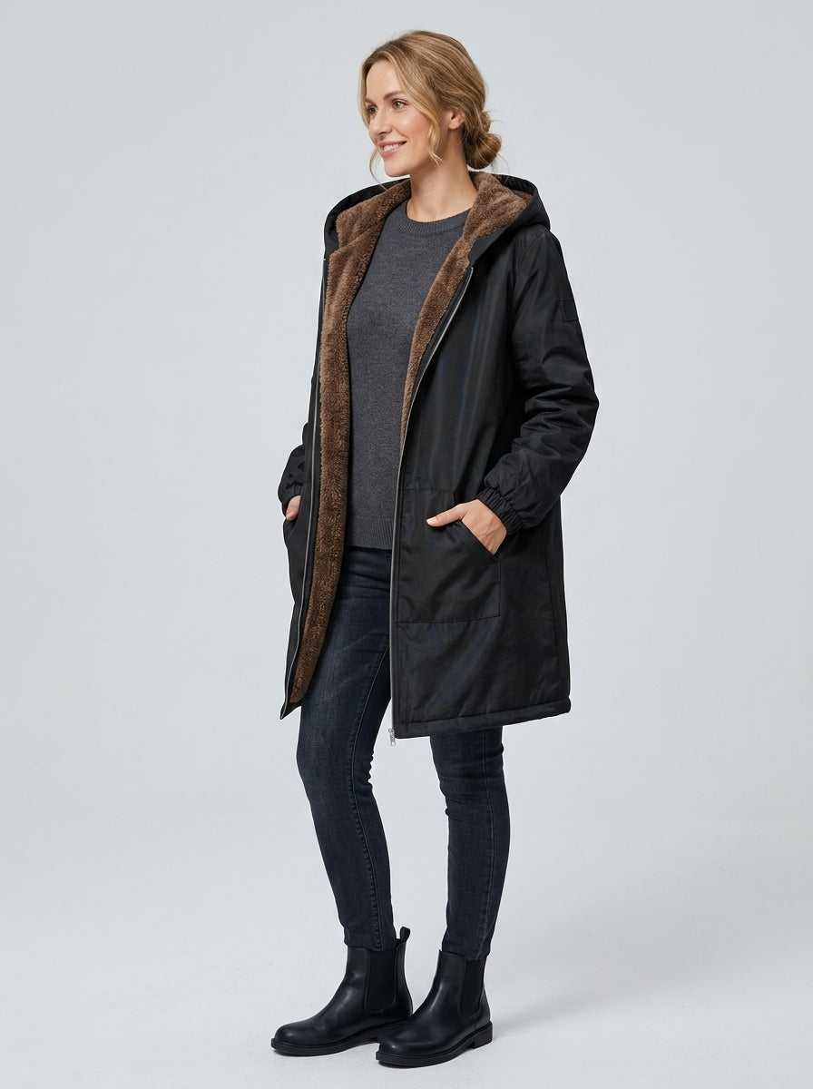 Celandria | Women's Thermal Lined Hooded Jacket, Solid Color Warm Coat