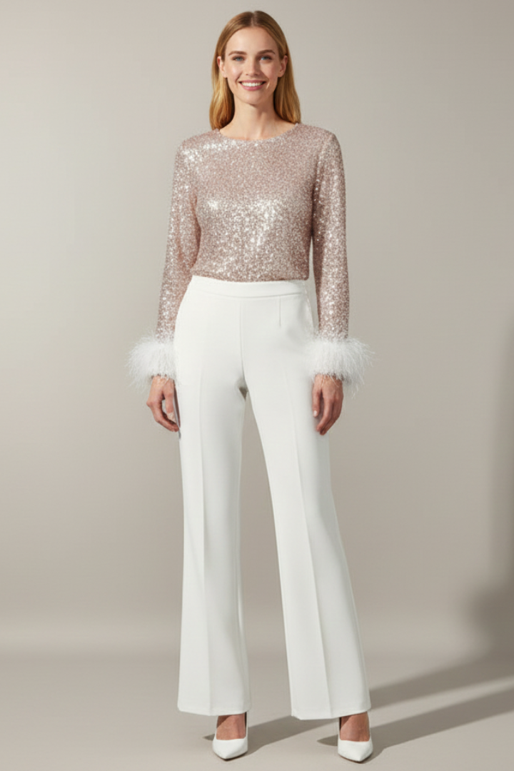 Celestra | Women’s Sequin Two-Piece Set – Feather Cuff Top & Flared Pants
