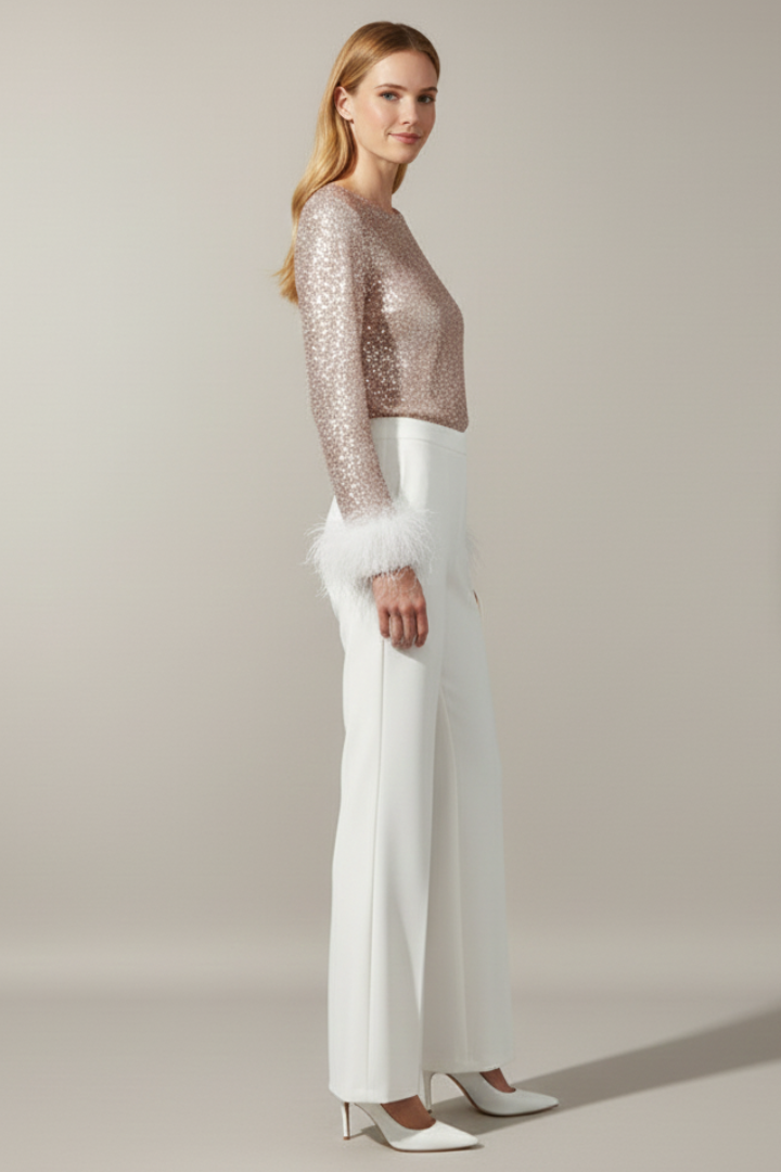 Celestra | Women’s Sequin Two-Piece Set – Feather Cuff Top & Flared Pants