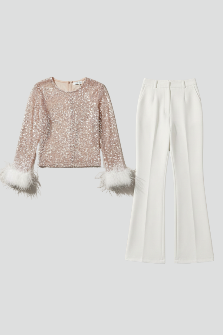 Celestra | Women’s Sequin Two-Piece Set – Feather Cuff Top & Flared Pants