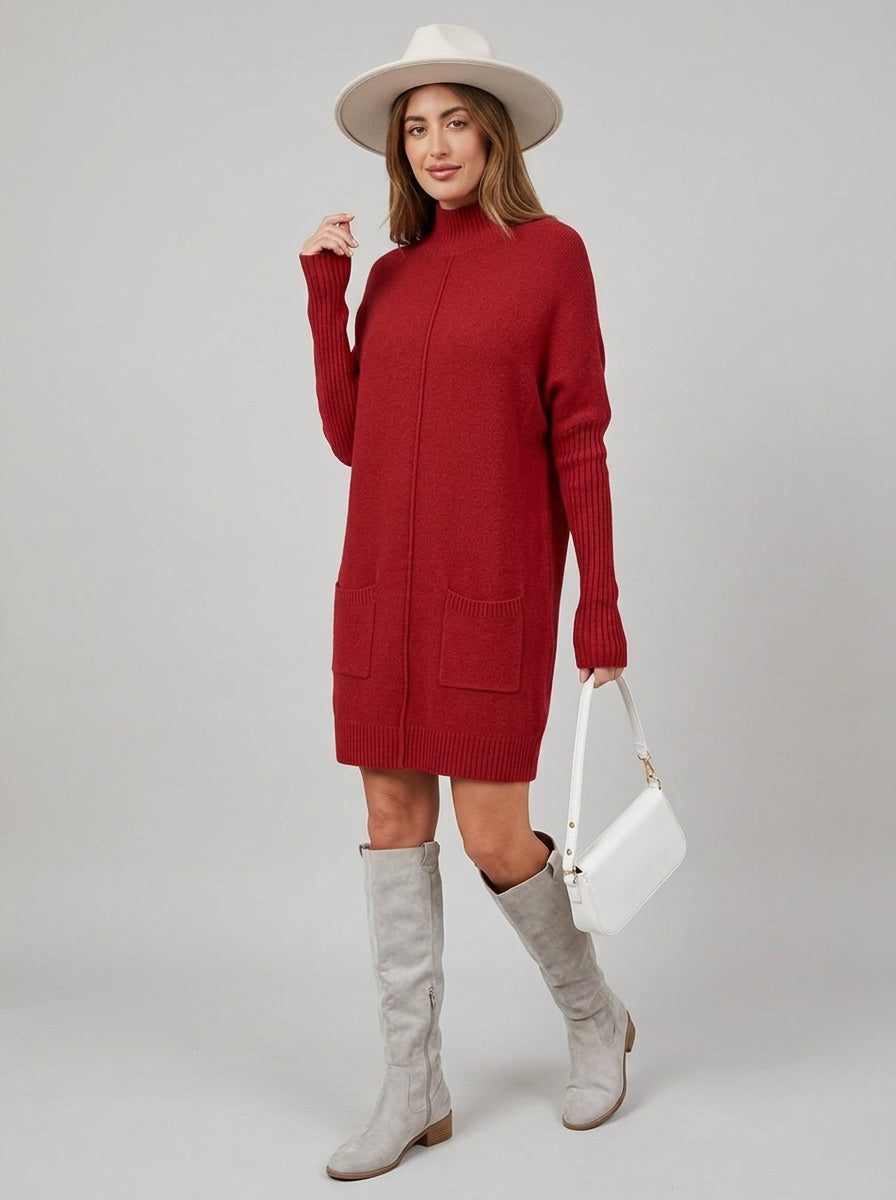 Ceraphine | Women's Red Ribbed Sweater Dress – High Neck, Long Sleeve, Front Pockets