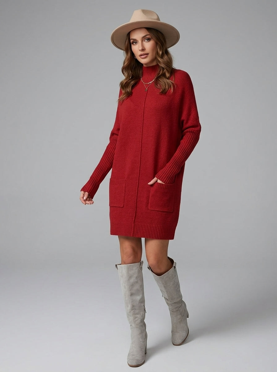 Ceraphine | Women's Red Ribbed Sweater Dress – High Neck, Long Sleeve, Front Pockets