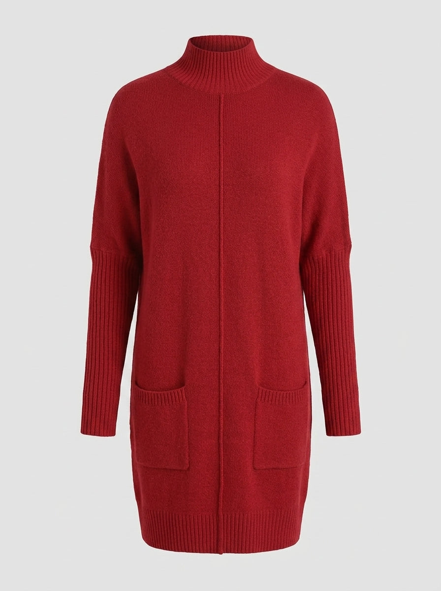Ceraphine | Women's Red Ribbed Sweater Dress – High Neck, Long Sleeve, Front Pockets
