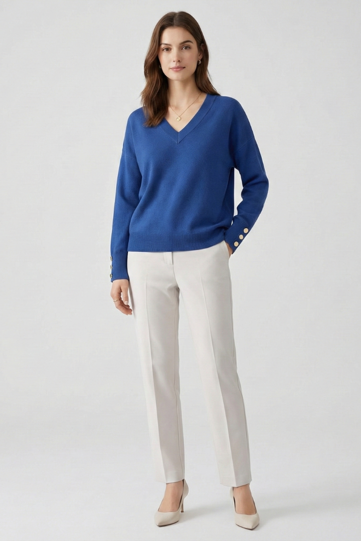 Cleo | Women's Loose Fit V-Neck Sweater - Long Sleeve Knit Pullover