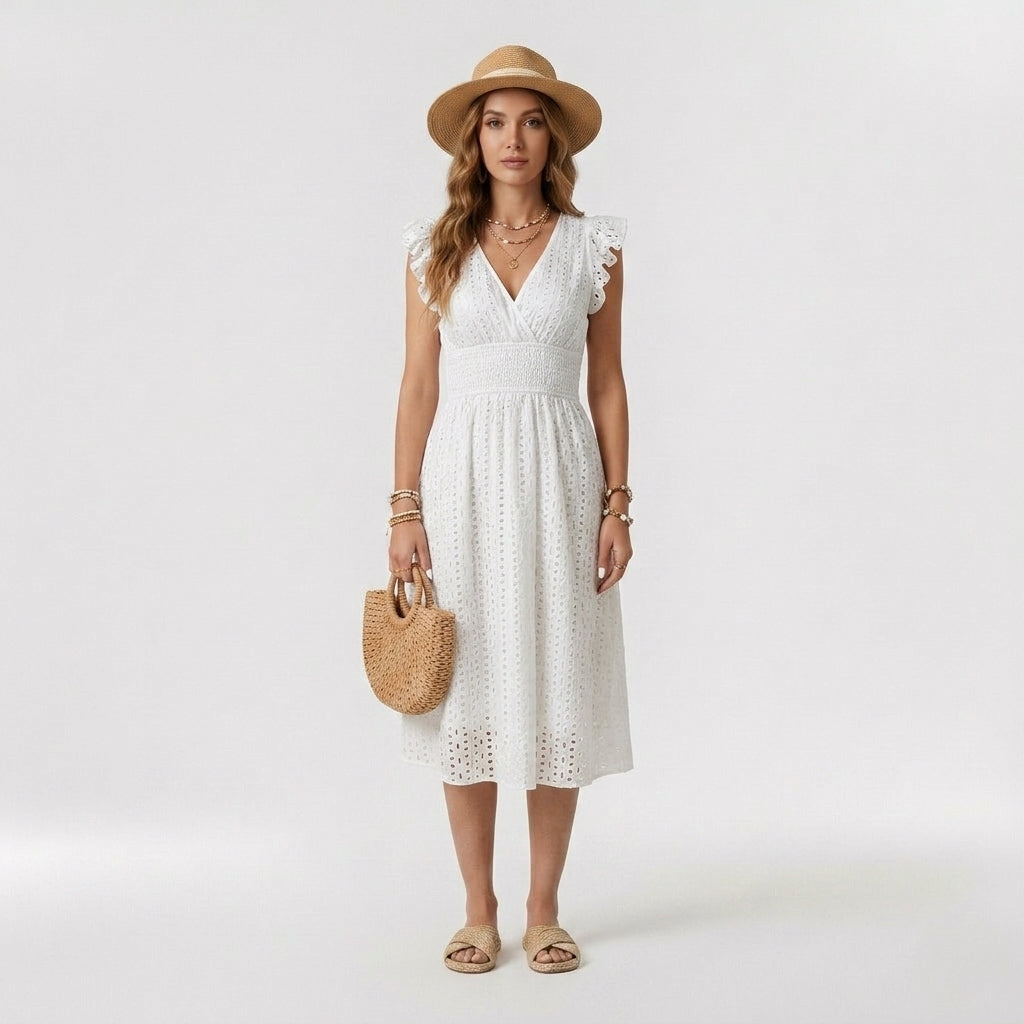 Coralie | Women's Casual Midi Dress – Mock Neck, Short Sleeves