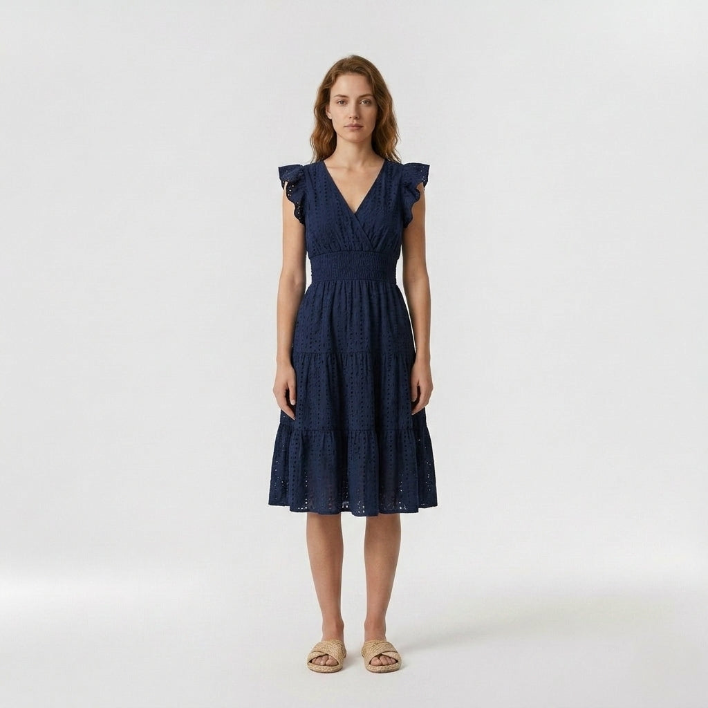 Coralie | Women's Casual Midi Dress – Mock Neck, Short Sleeves